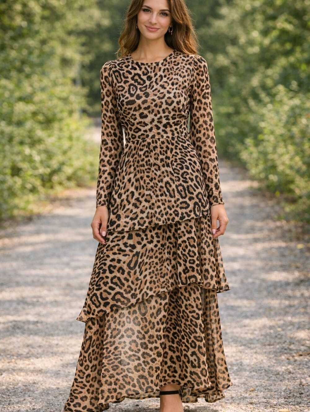 Fourteenth Place Leopard Maxi Dress Gold Metallic Flecks Tiered Ruffles Size M